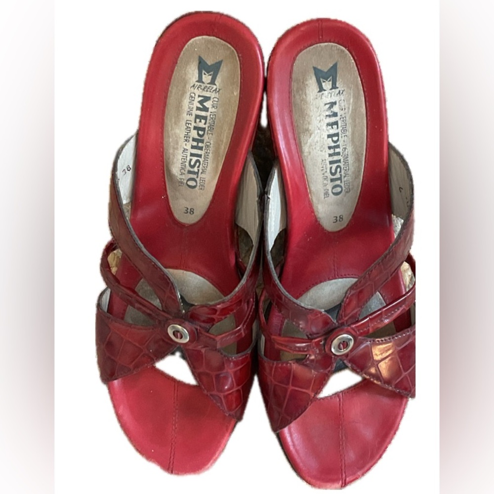 Mephisto Red Leather Mules with Strappy Design & 2 Inch heel .